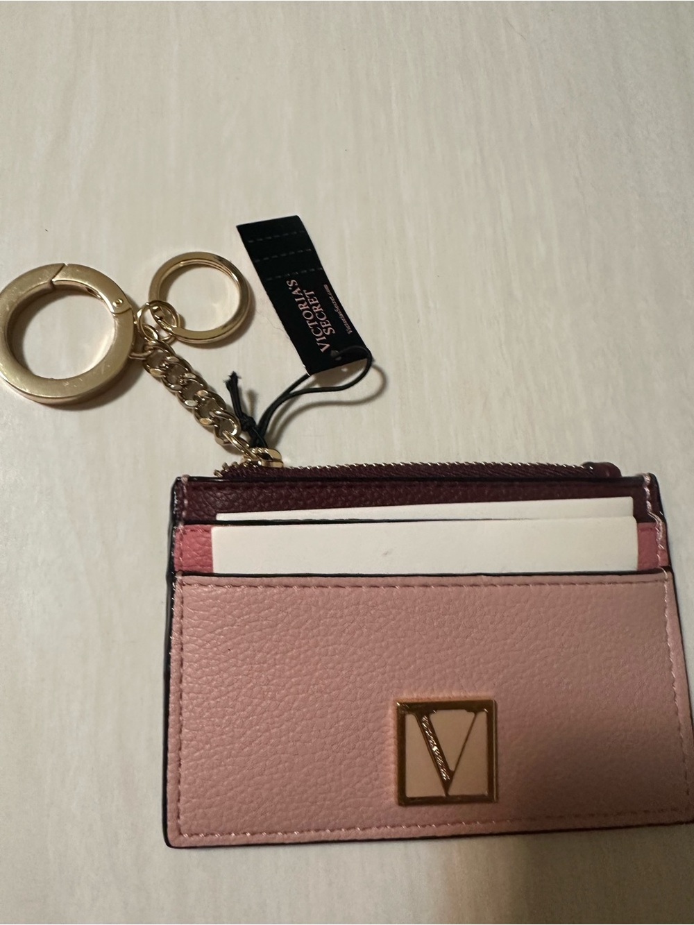 Victoria's Secret Pink and Burgundy Leather Key Card Holder with Gold Hardware